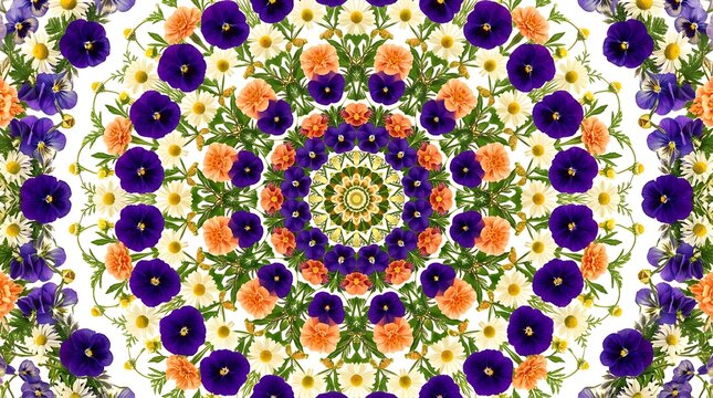 Kaleidoscope floral pattern with purple pansies and orange marigolds