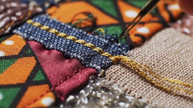Close-up of hand sewing colorful fabric patchwork with golden thread and needle