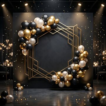 Elegant happy birthday backdrop with balloons and gold art deco frame
