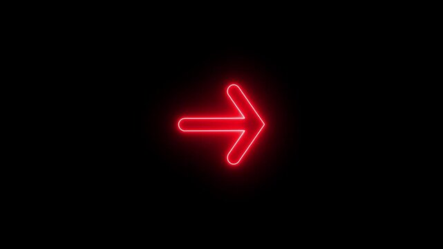Bright red neon arrow sign pointing to the right side glowing on a dark black background
