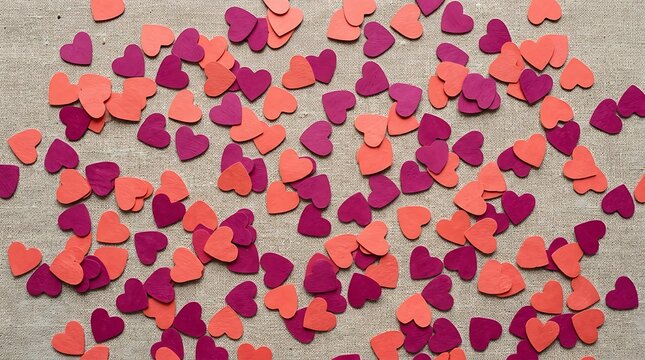 Scattered pink and purple wooden hearts on burlap fabric