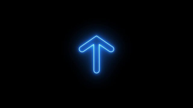 Bright blue neon arrow pointing up icon glowing against a dark black background representing direction and progress in modern digital graphic design for websites and user interface navigation elements