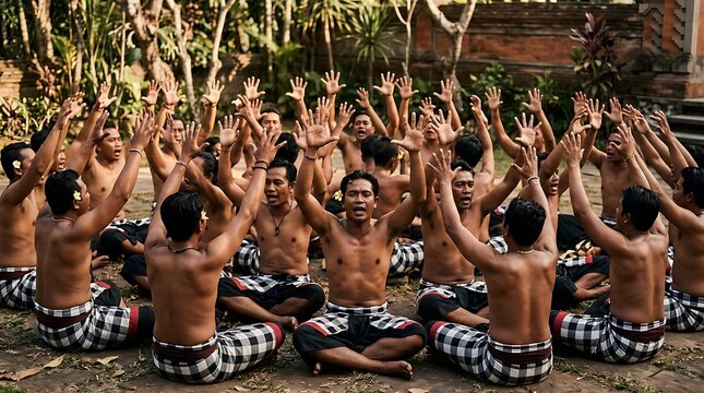 Balinese men performing traditional kecak dance in a circle