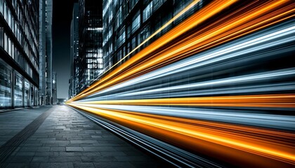 Fototapeta premium Dynamic Urban Nightscape with Vibrant Orange and Blue Motion Light Streaks Showing City Life Speed