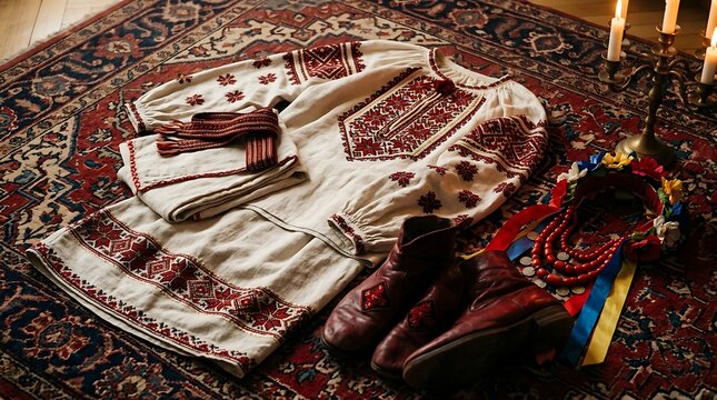 Traditional ukrainian vyshyvanka and folk costume on an ornate rug