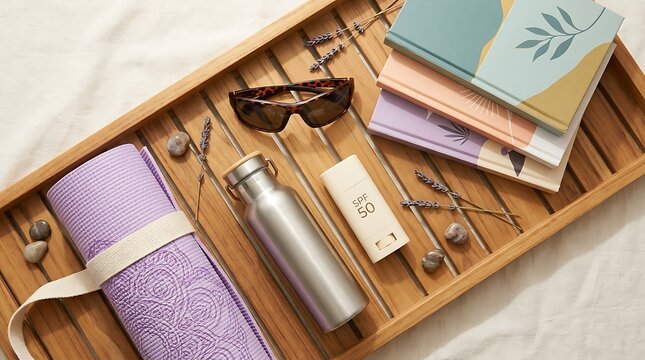 Self care essentials with purple yoga mat sunscreen and journals
