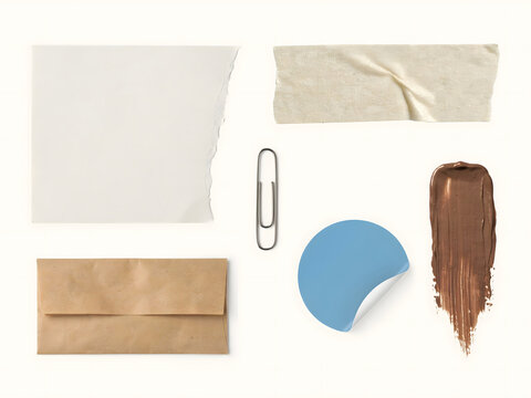 Stationery collection with a torn white paper sheet, brown envelope, beige adhesive tape, blue sticker, and a metal paper clip on white surface