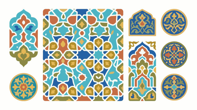 Ornate geometric patterns in blues greens and ochre tones