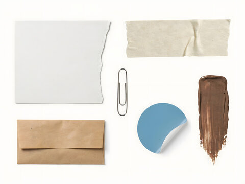 Stationery set featuring a torn white paper sheet, brown envelope, beige adhesive tape, blue sticker, and a metal paper clip on white background