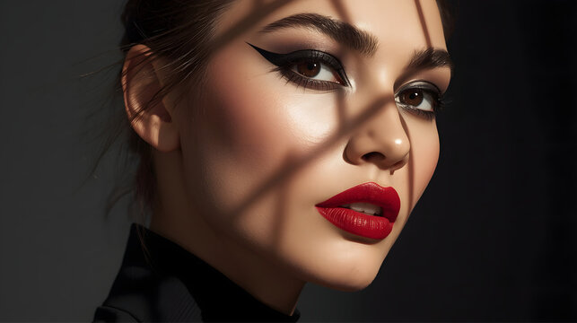 portrait of a beautiful woman model portrait with red lipstick and shadow on her face