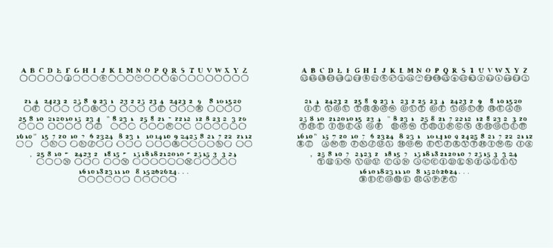 Alphanumeric code chart illustration with symbols and numbers on a white background