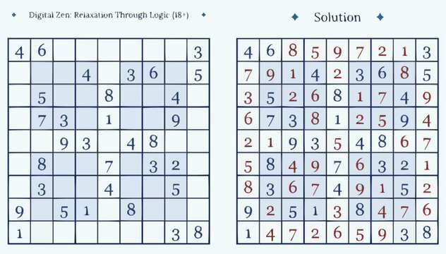 Sudoku puzzle and solution display for brain teasers and puzzles concept