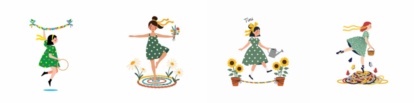 Collection of four charming illustrations featuring young girls in polka dot dresses enjoying activities like gardening and dancing among flowers.