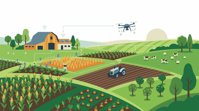 Drone Surveying Agricultural Field with Farmhouse.