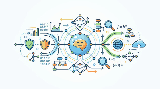 Central brain icon connects to data security global network and cloud