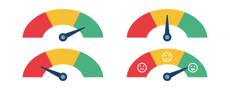Set of rating gauge meters featuring colored segments and pointer needles representing performance levels rating indicators for analytics and UI dashboard interface