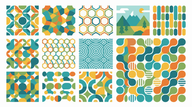 Colorful abstract geometric patterns and a simple mountain landscape