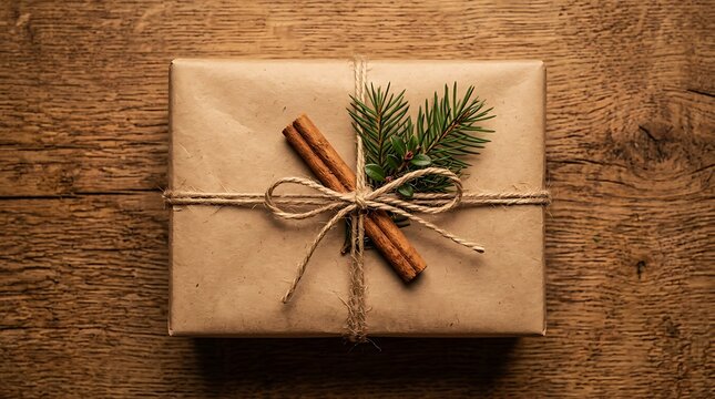 Rustic gift box with cinnamon and pine sprig on wooden background