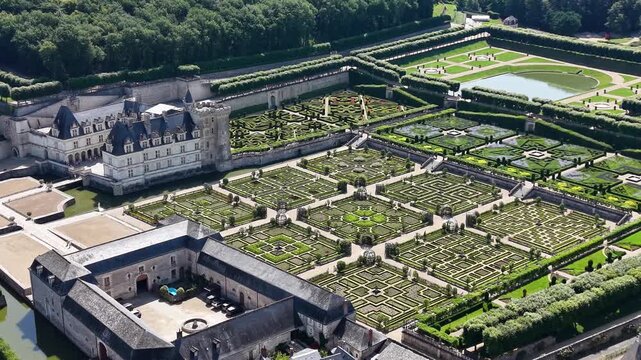 Cinematic drone aerial view of Ch&acirc;teau de Villandry and its famous Renaissance gardens, showcasing ornamental parterre designs, geometric landscaping, and the historic estate in the Loire Valley