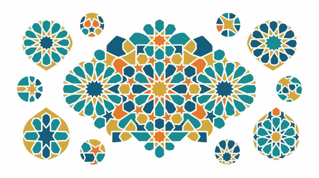 Intricate geometric patterns in teal orange and gold