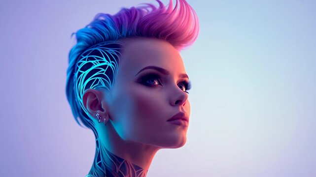 Young american woman with futuristic neon mohawk hairstyle in profile illuminated by colorful studio lighting isolated on gradient background Concept of cyberpunk innovation