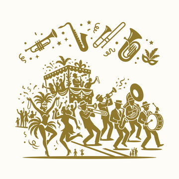 Mardi Gras parade gold silhouette vector illustration with jazz marching band and carnival dancers. Flat vector illustration EPS 10.