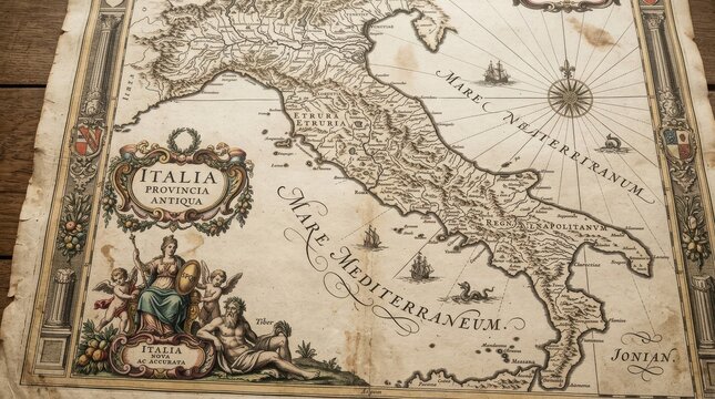 Antique map of italy, provincia antiqua with ornate cartouche and nautical compass rose