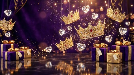 Happy birthday celebration golden crowns gifts and sparkling diamonds