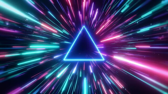 Abstract neon triangle frame with light speed motion trails, futuristic digital background with glowing blue and pink lines 4k video