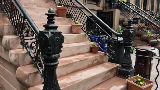 Brownstone stoop with iron railings and potted flowers on a residential city street