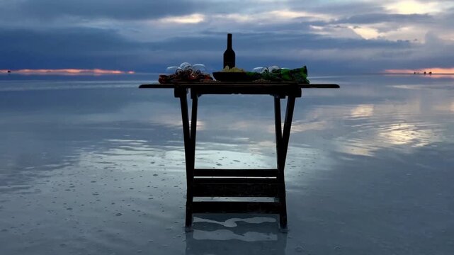 Romantic Dinner Setup in Flooded Salar de Uyuni at Dusk, Bolivia