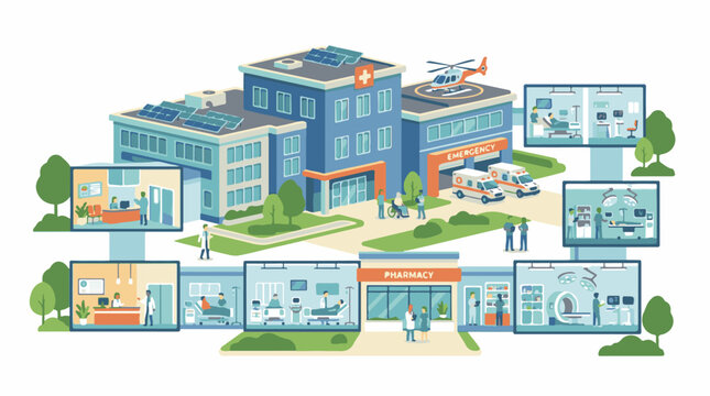 Modern hospital complex with various medical departments and services illustrated