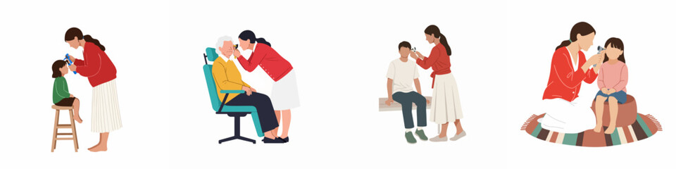 Fototapeta premium Set of flat illustrations depicting a healthcare professional performing ear examinations with an otoscope on patients of various ages, from children to seniors.