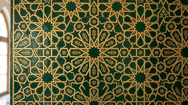 Intricate green and gold islamic geometric tile pattern