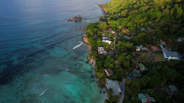 Houses of Praslin island in the Seychelles. Aerial view