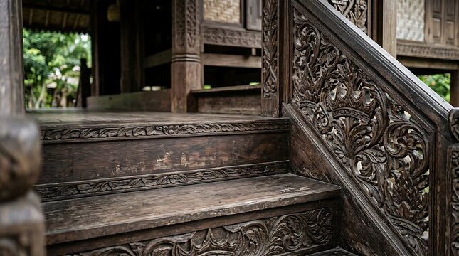 Intricate hand carved wooden stairs of a traditional asian house