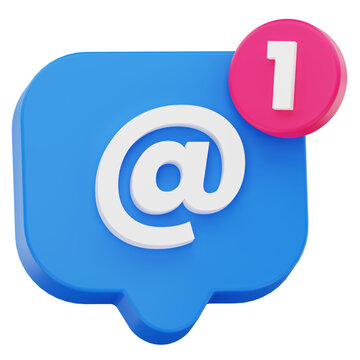 3D rendering of blue chat bubble with at sign icon for social media mention alert
