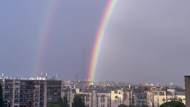 Double rainbow arches over Paris rooftops after summer storm