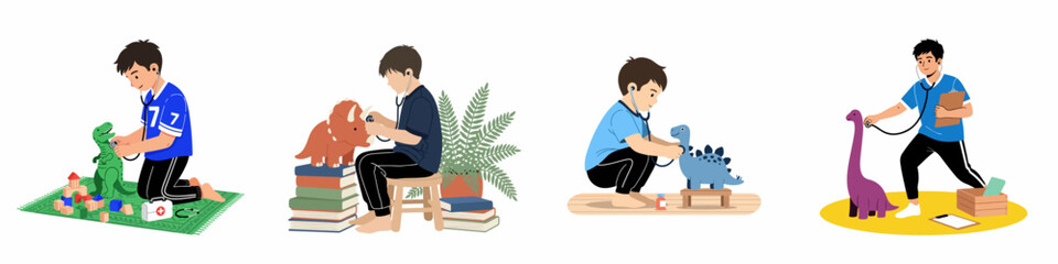 Set of illustrations featuring a young boy role-playing as a veterinarian, using a stethoscope to examine various toy dinosaurs. © Tono