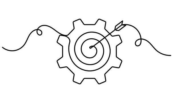 Moving cog gear wheel and success goal icon sign continuous one line drawing on white background minimalist single art business work and bullseye symbol 4k video animation video
