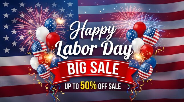 Labor day sale banner patriotic fireworks balloons and american flag design