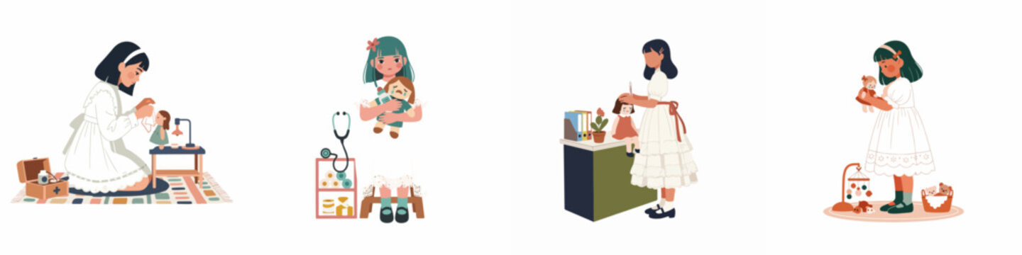 Set of illustrations depicting young girls role-playing as doctors and caregivers for their toy dolls in various nursery settings.
