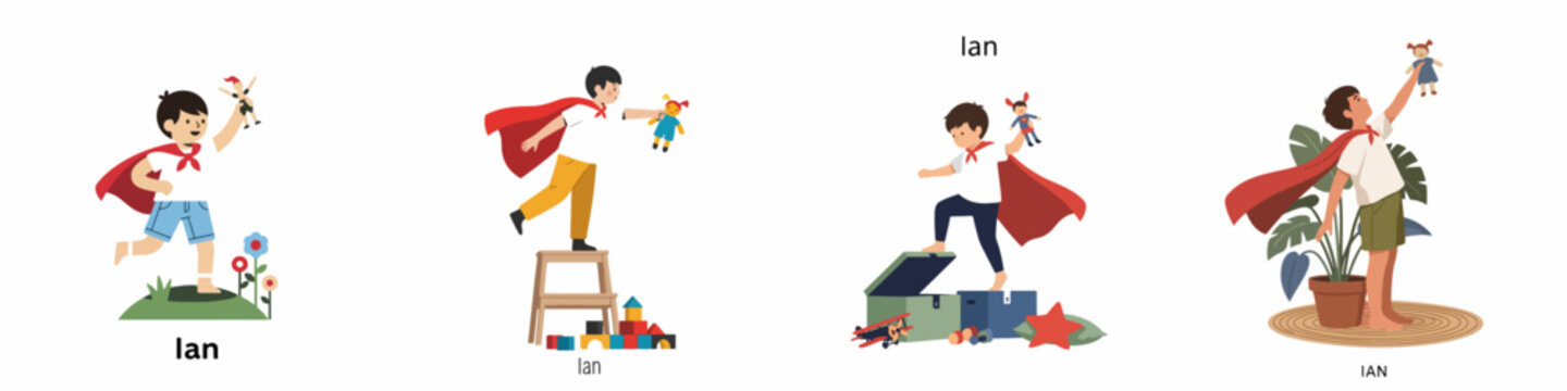 Set of illustrations depicting a young boy named Ian playing superhero with his toys in various indoor and outdoor settings.