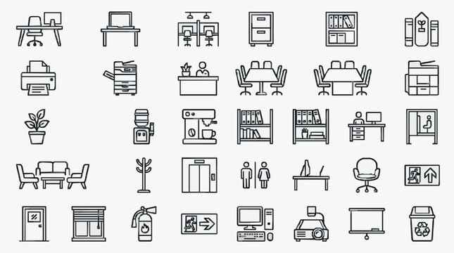 Elegant Minimalist Black and White Office and Study Icons Set for Web Design Presentations and SEO Content