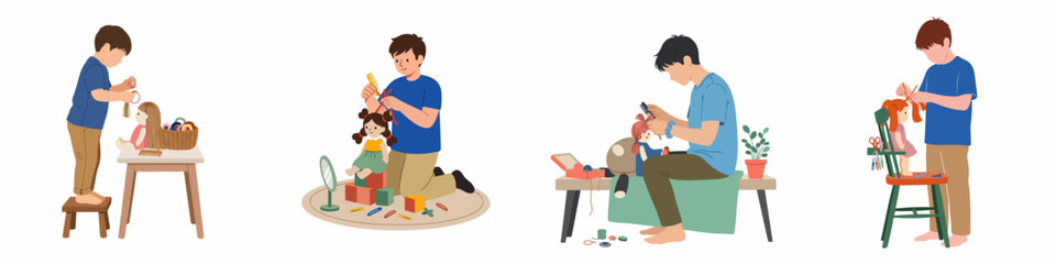 Fototapeta premium Set of illustrations depicting boys of different ages playing with dolls and styling their hair, promoting gender equality and creative play.