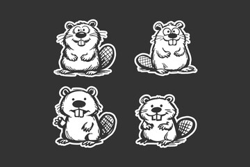 A collection of four cute cartoon beavers illustrated with bold black and white outlines displaying expressive facial features and distinct poses for creative sticker design projects © DzgnVibe