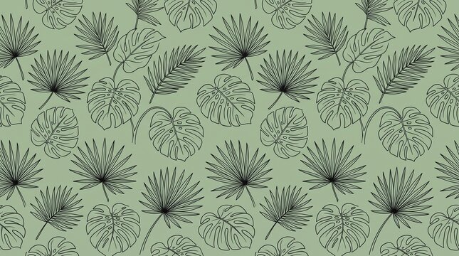 Minimalist Tropical Monster a and Palm Leaves Line Art Seamless Pattern