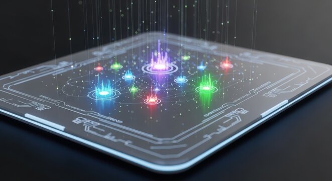 Futuristic tablet displaying colorful galaxy and stars