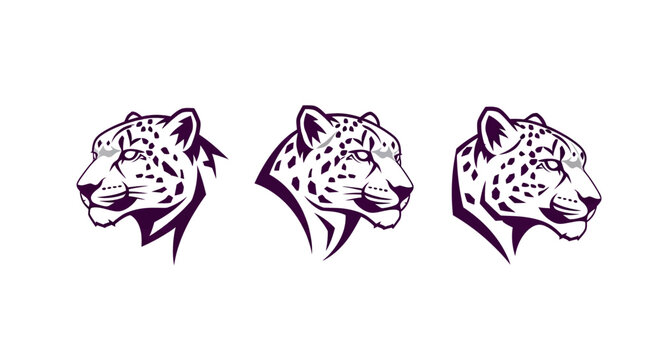 Three stylized leopard head illustrations in purple and white.