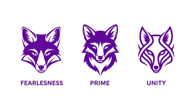 Three purple fox head logos with different traits.